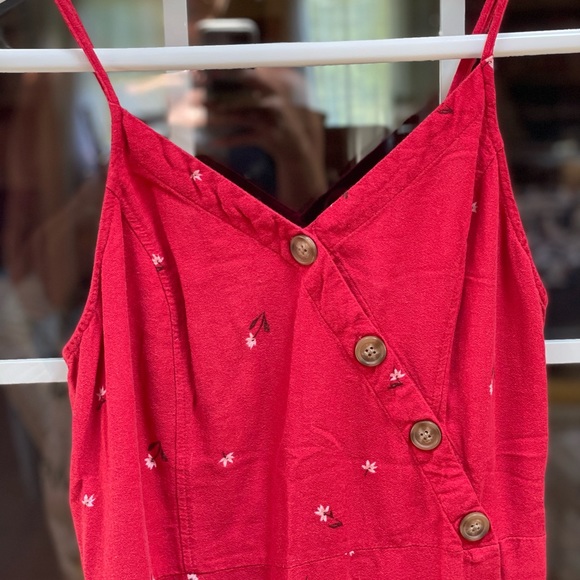 Red spaghetti strap button down dress w/ white flowers Excellent Condition sz L - Picture 3 of 5